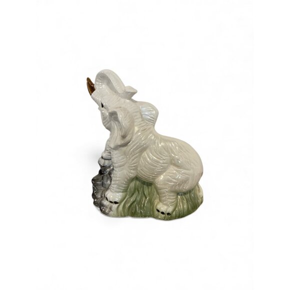 Vintage Ceramic Elephant Figurine With Gold-Tone Tusks On Grass & Flowers 11" x - Picture 6 of 7